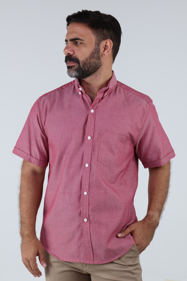 Camisa de Vestir Hombre Rojo Jaspe Manga Corta Tela Con Textura